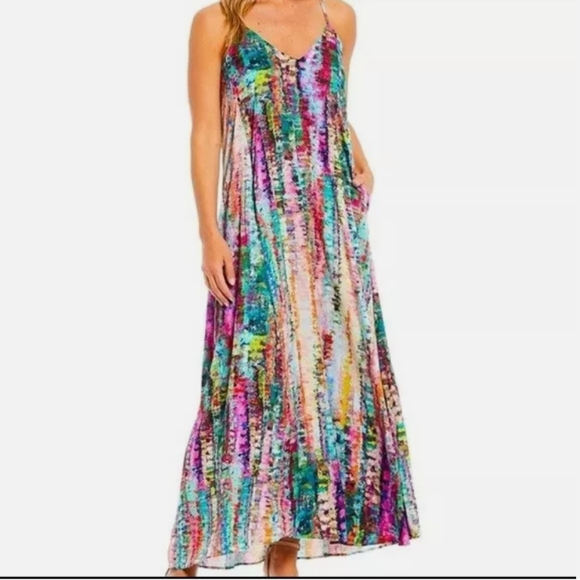 NWT Nicole Miller Colorful Watercolor Satin Maxi Dress With Pockets XS - Picture 12 of 12